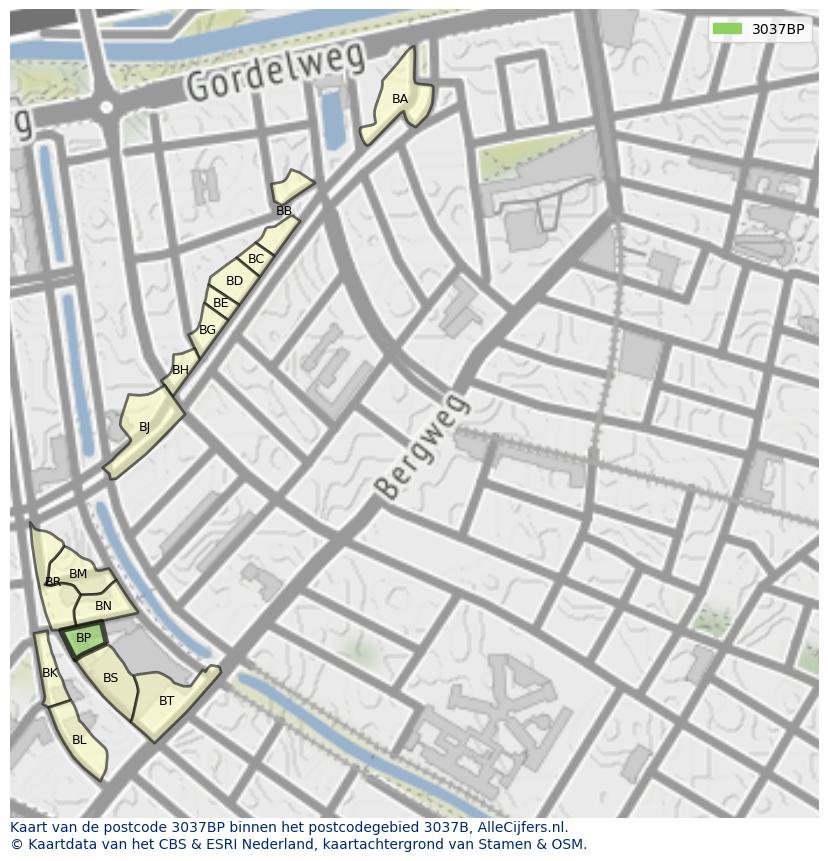 Afbeelding van het postcodegebied 3037 BP op de kaart.