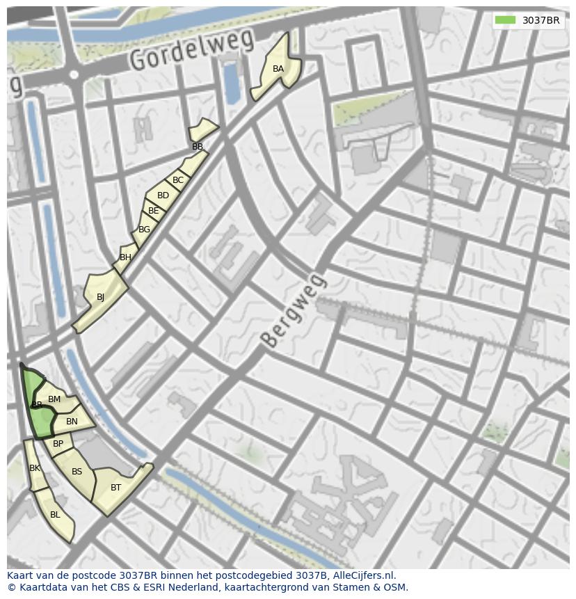 Afbeelding van het postcodegebied 3037 BR op de kaart.