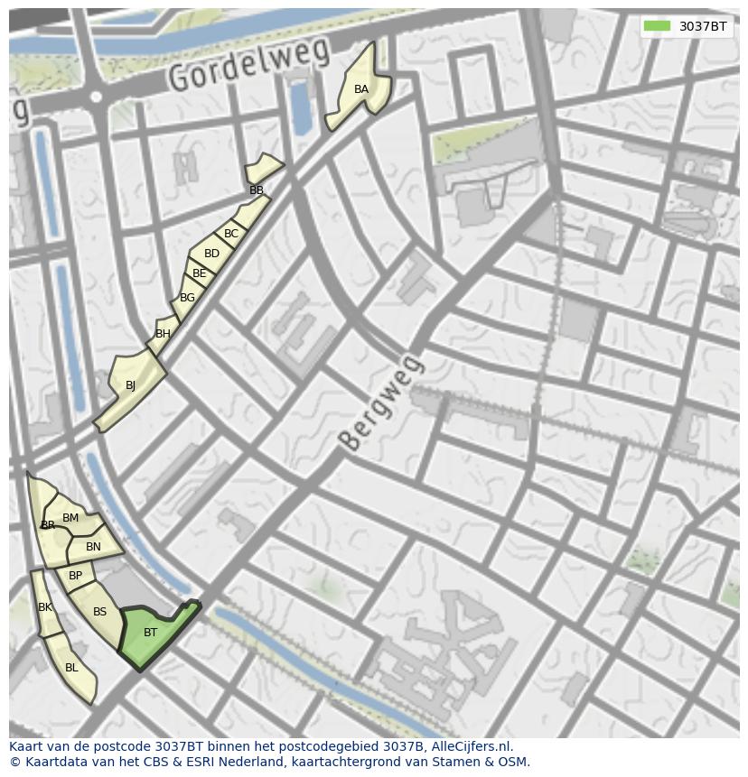 Afbeelding van het postcodegebied 3037 BT op de kaart.
