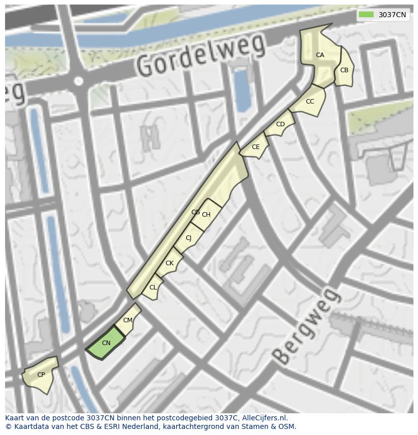 Afbeelding van het postcodegebied 3037 CN op de kaart.