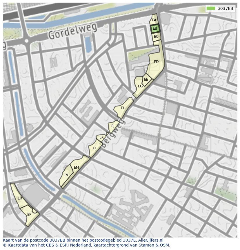 Afbeelding van het postcodegebied 3037 EB op de kaart.