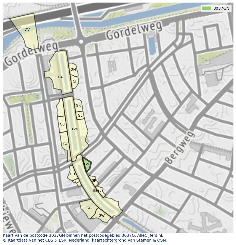 Afbeelding van het postcodegebied 3037 GN op de kaart.