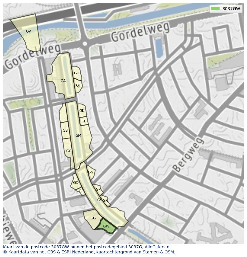 Afbeelding van het postcodegebied 3037 GW op de kaart.