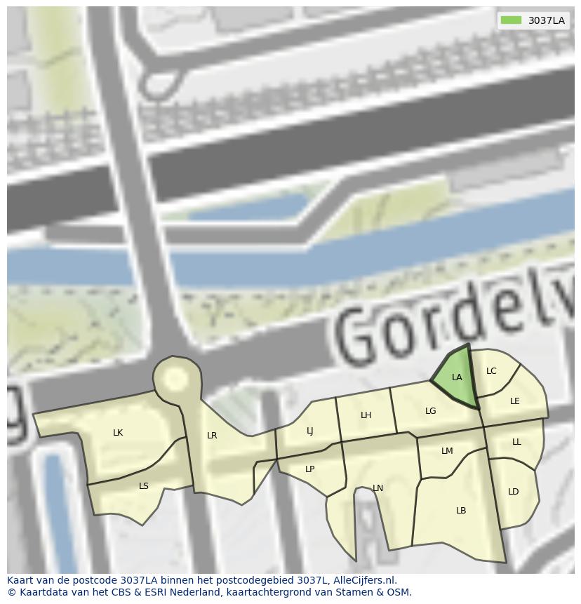 Afbeelding van het postcodegebied 3037 LA op de kaart.