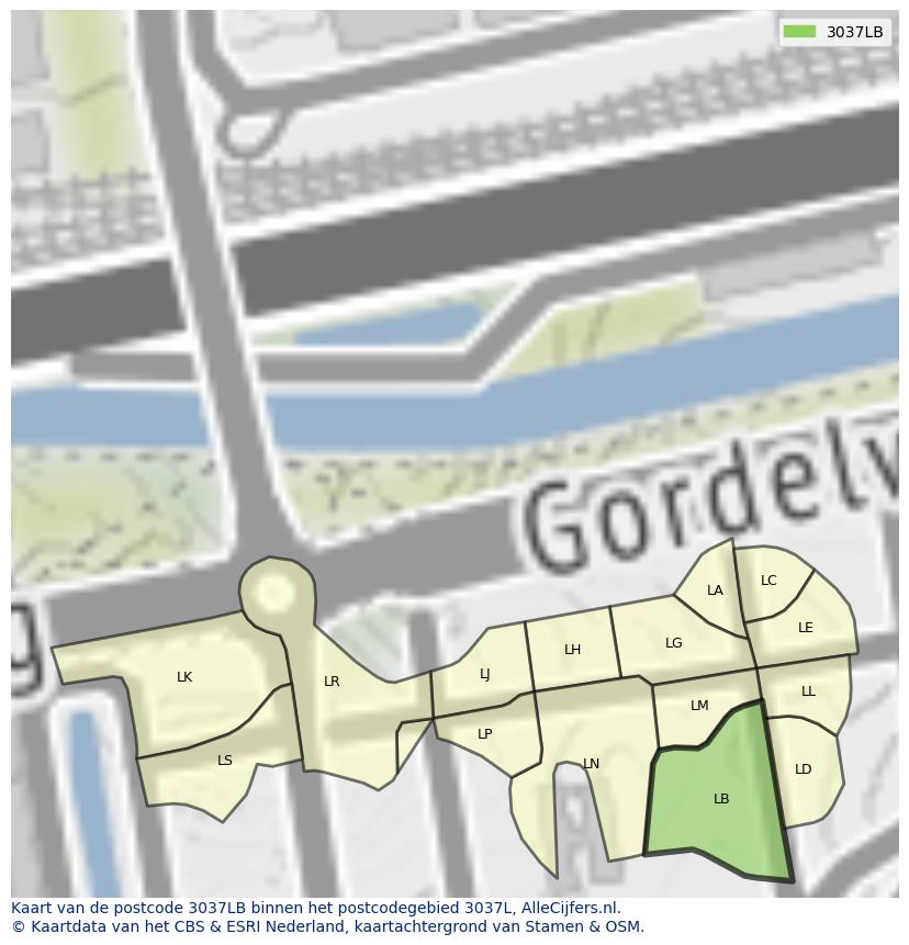 Afbeelding van het postcodegebied 3037 LB op de kaart.