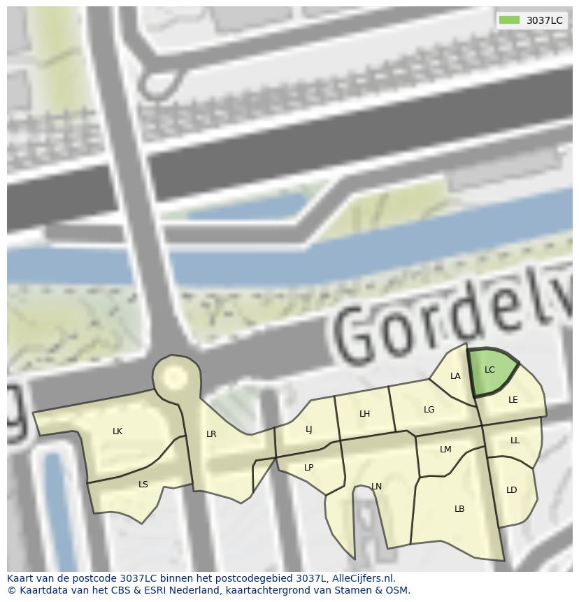 Afbeelding van het postcodegebied 3037 LC op de kaart.