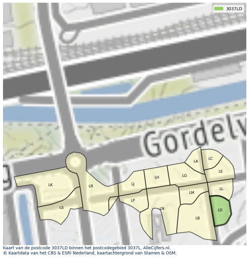 Afbeelding van het postcodegebied 3037 LD op de kaart.