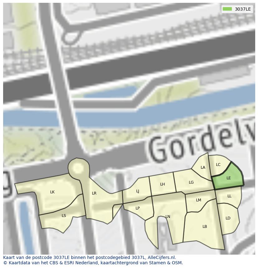 Afbeelding van het postcodegebied 3037 LE op de kaart.