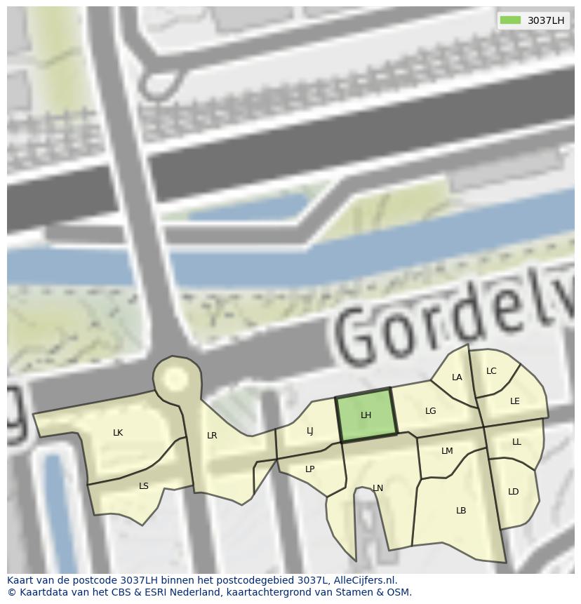 Afbeelding van het postcodegebied 3037 LH op de kaart.