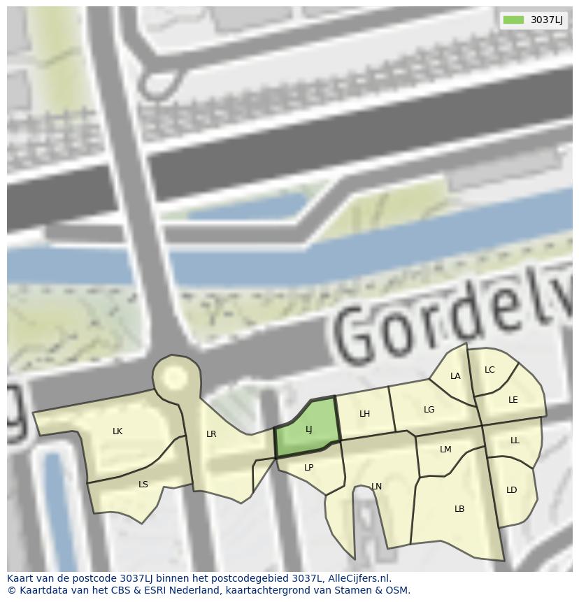 Afbeelding van het postcodegebied 3037 LJ op de kaart.