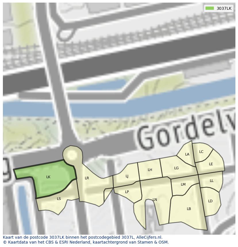 Afbeelding van het postcodegebied 3037 LK op de kaart.