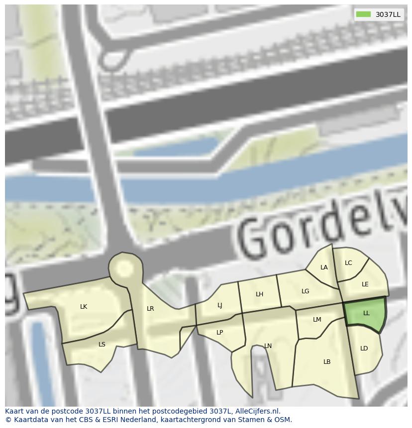 Afbeelding van het postcodegebied 3037 LL op de kaart.