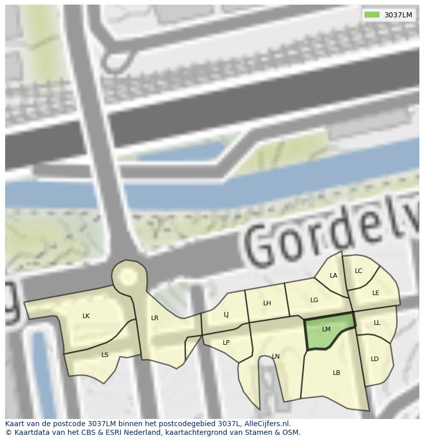 Afbeelding van het postcodegebied 3037 LM op de kaart.