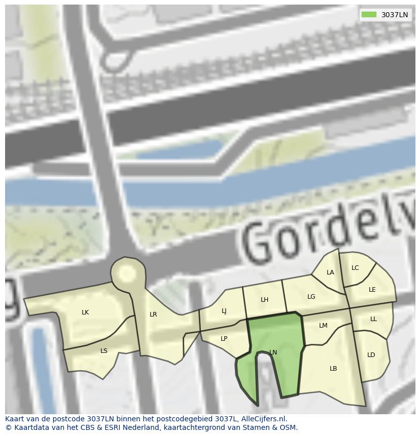 Afbeelding van het postcodegebied 3037 LN op de kaart.