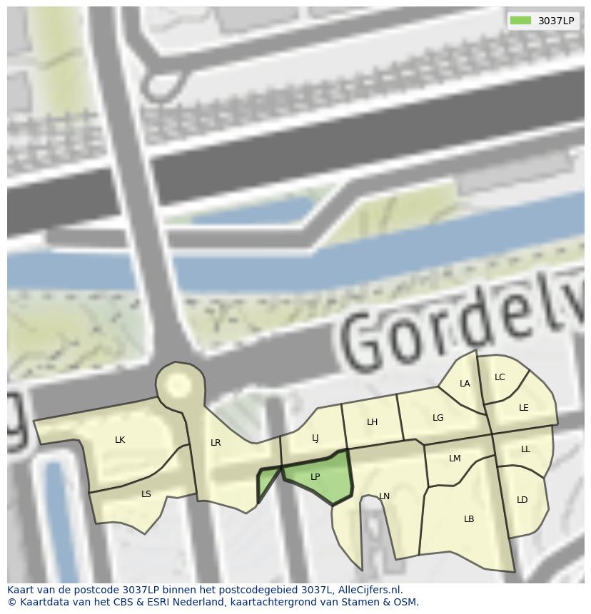 Afbeelding van het postcodegebied 3037 LP op de kaart.