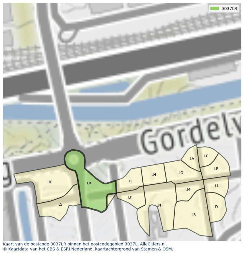 Afbeelding van het postcodegebied 3037 LR op de kaart.