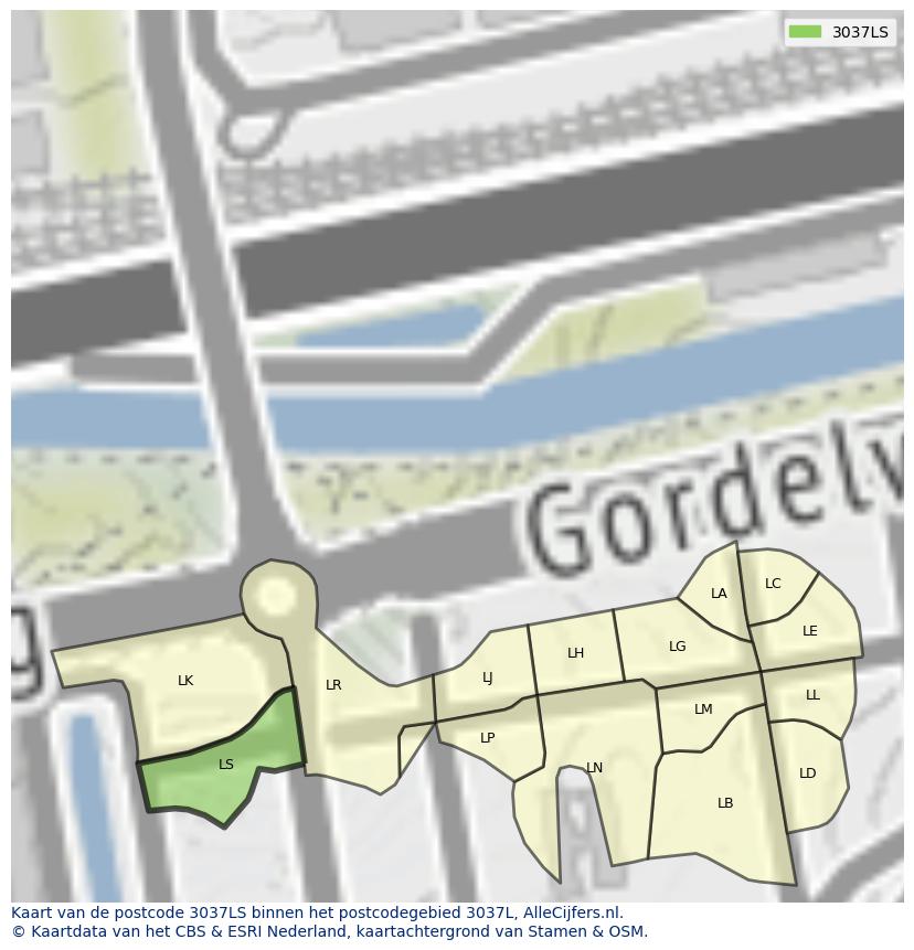 Afbeelding van het postcodegebied 3037 LS op de kaart.