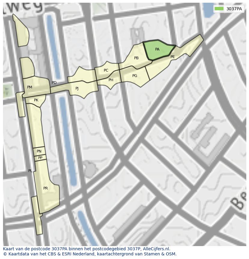Afbeelding van het postcodegebied 3037 PA op de kaart.