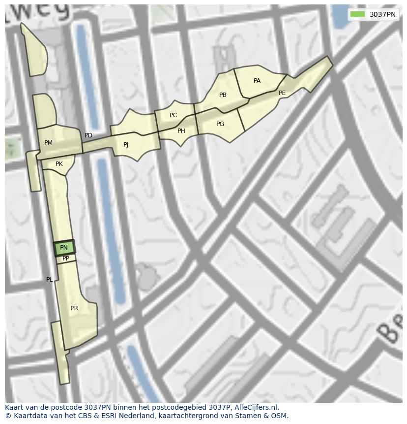 Afbeelding van het postcodegebied 3037 PN op de kaart.