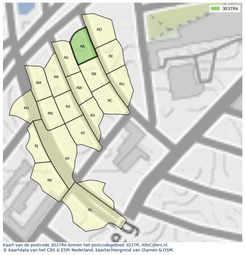 Afbeelding van het postcodegebied 3037 RA op de kaart.