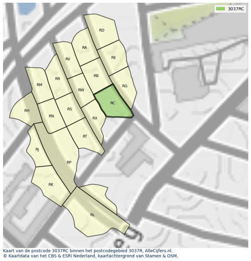 Afbeelding van het postcodegebied 3037 RC op de kaart.