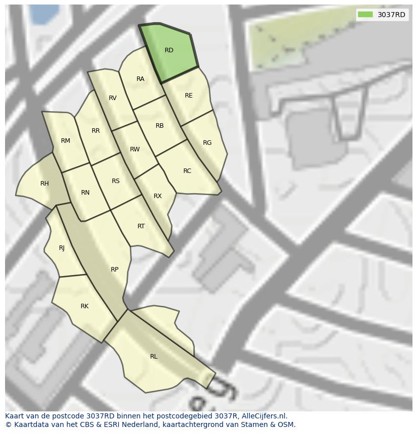 Afbeelding van het postcodegebied 3037 RD op de kaart.