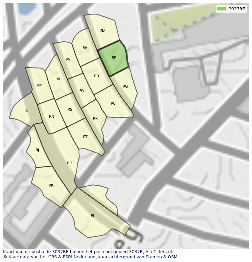 Afbeelding van het postcodegebied 3037 RE op de kaart.