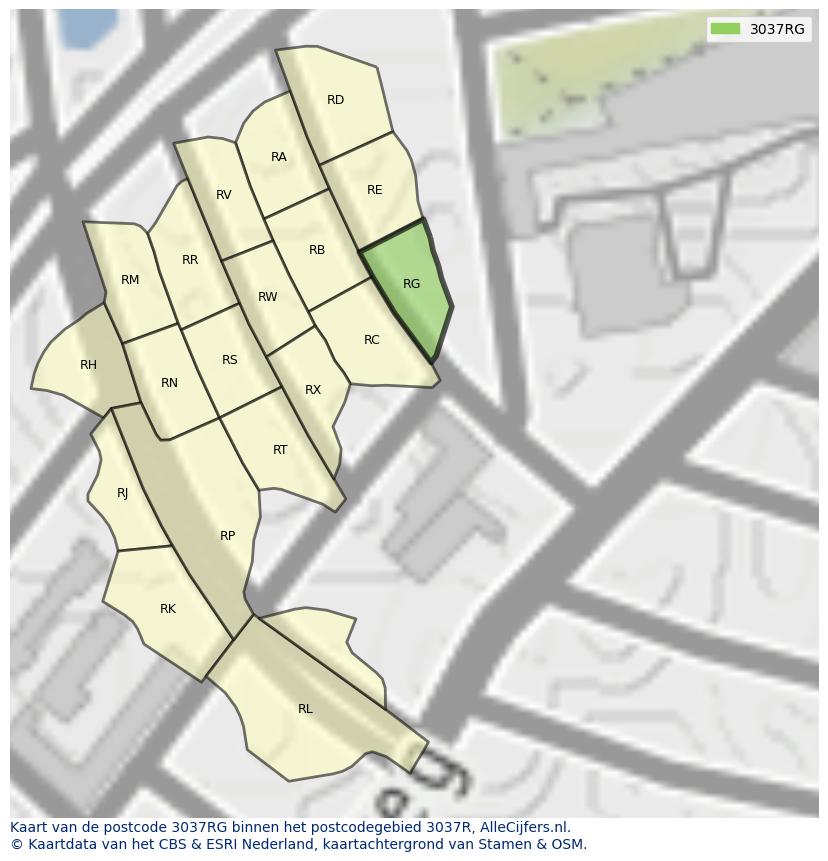 Afbeelding van het postcodegebied 3037 RG op de kaart.