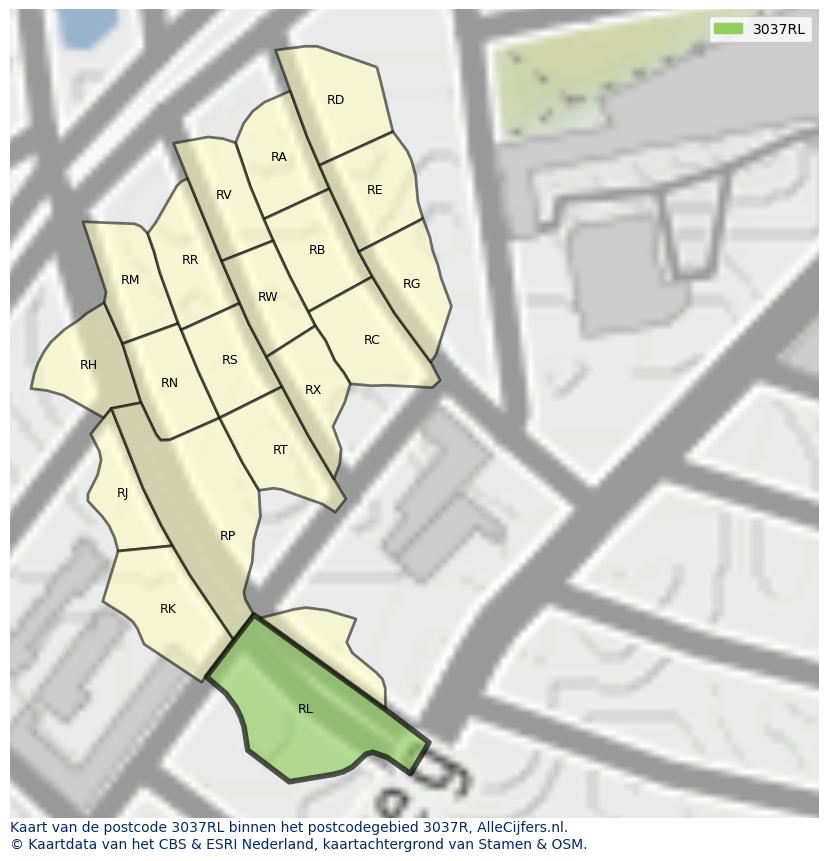 Afbeelding van het postcodegebied 3037 RL op de kaart.