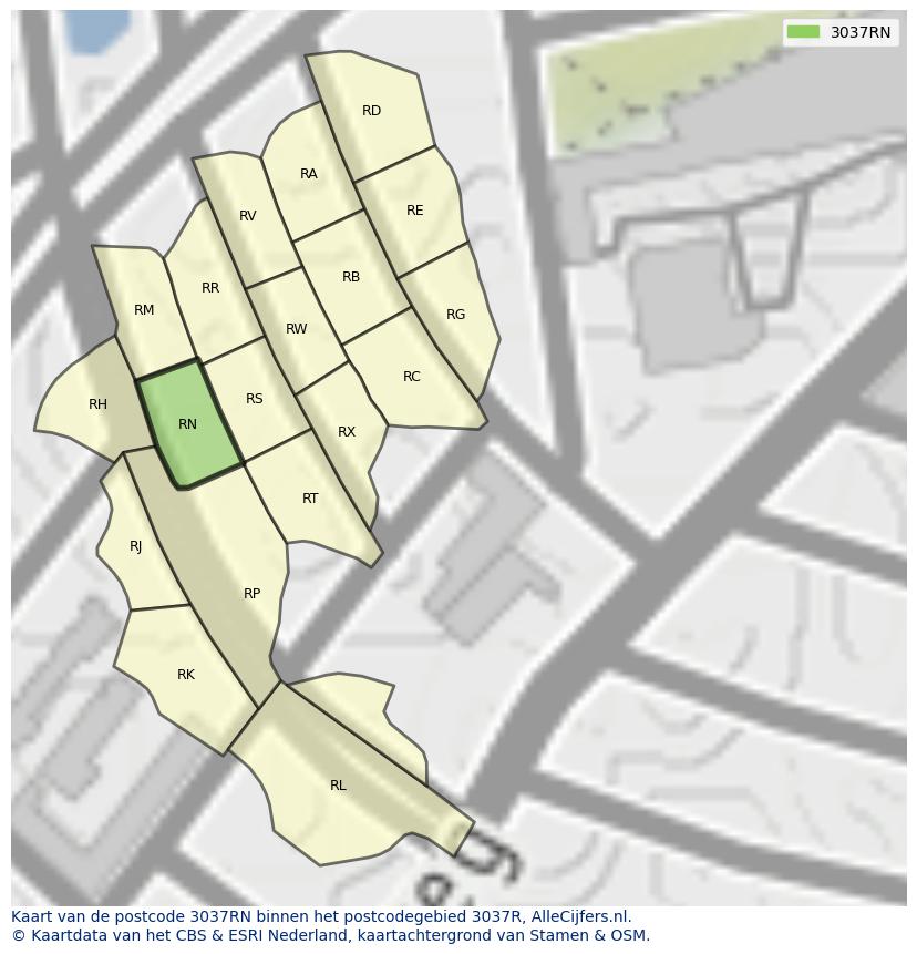 Afbeelding van het postcodegebied 3037 RN op de kaart.