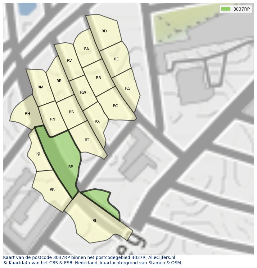 Afbeelding van het postcodegebied 3037 RP op de kaart.