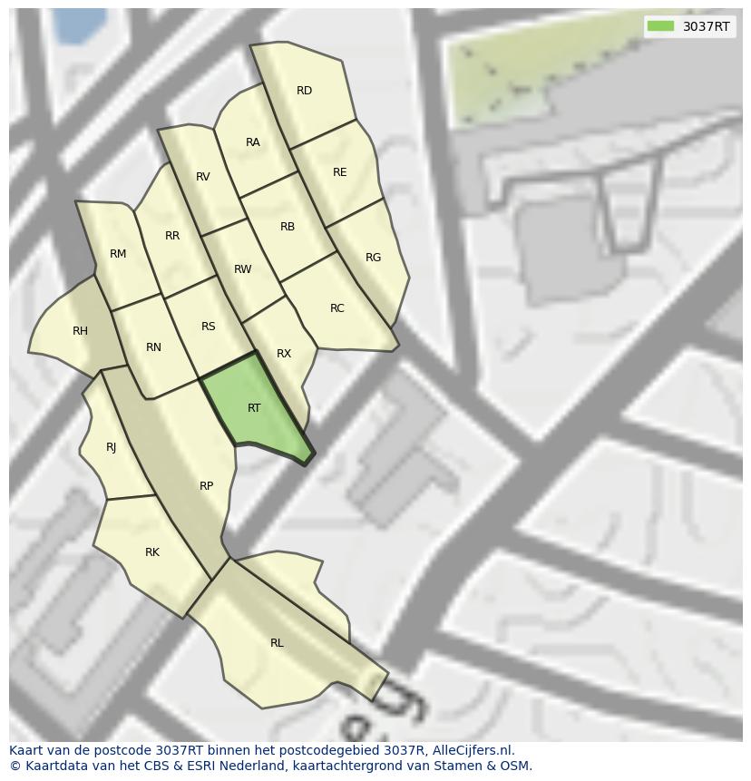 Afbeelding van het postcodegebied 3037 RT op de kaart.