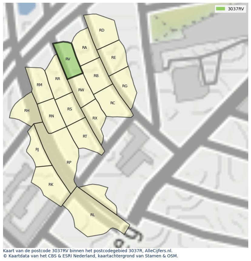 Afbeelding van het postcodegebied 3037 RV op de kaart.