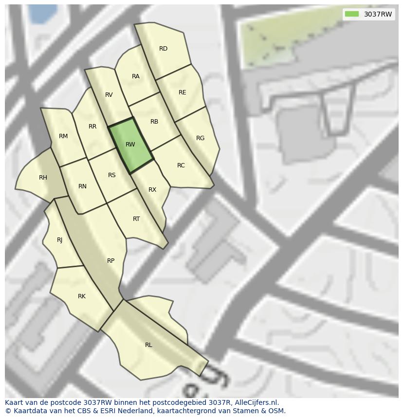 Afbeelding van het postcodegebied 3037 RW op de kaart.