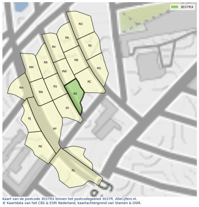 Afbeelding van het postcodegebied 3037 RX op de kaart.