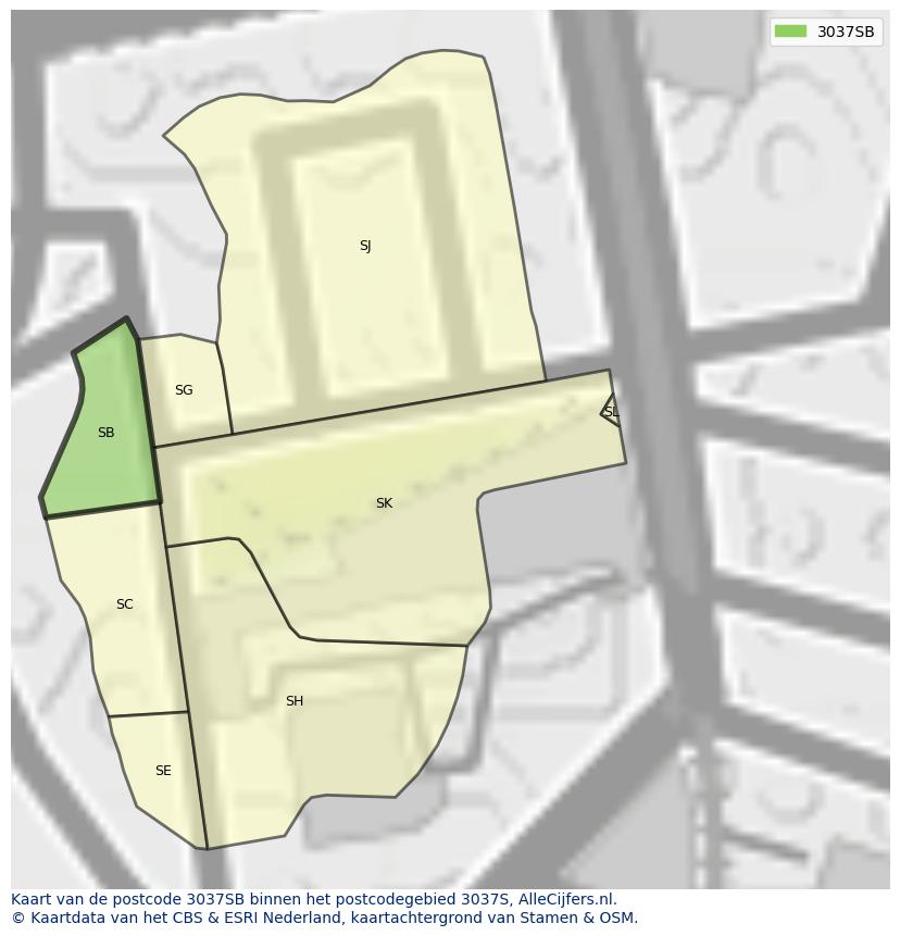Afbeelding van het postcodegebied 3037 SB op de kaart.