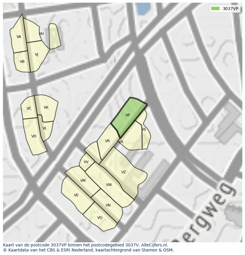 Afbeelding van het postcodegebied 3037 VP op de kaart.