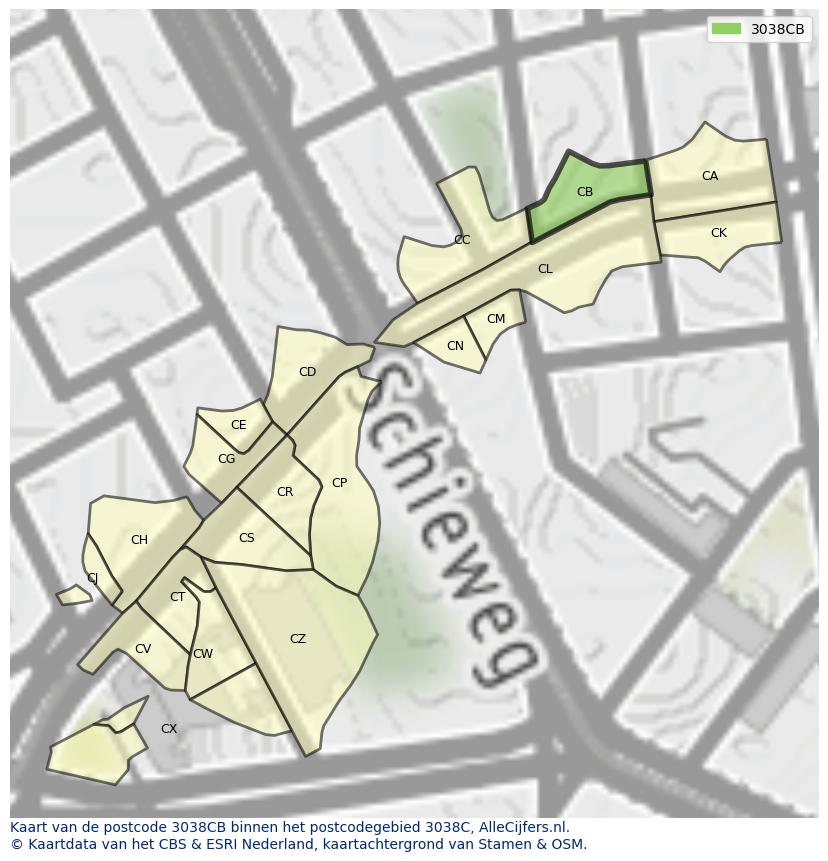 Afbeelding van het postcodegebied 3038 CB op de kaart.