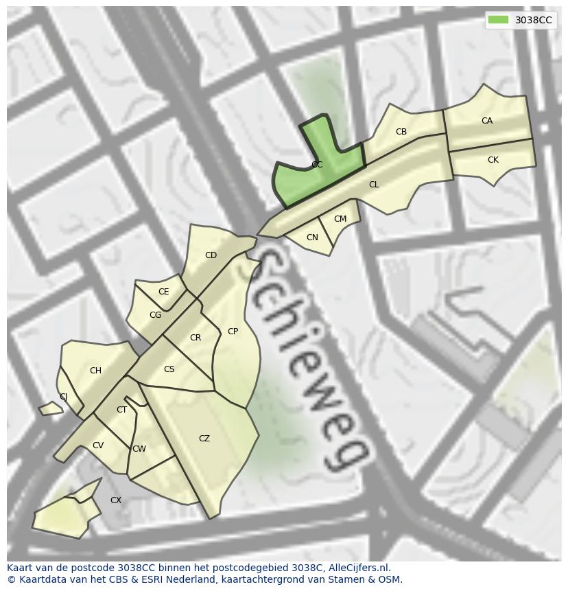 Afbeelding van het postcodegebied 3038 CC op de kaart.