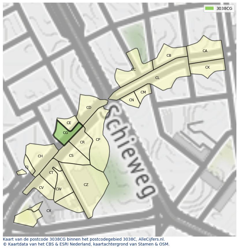 Afbeelding van het postcodegebied 3038 CG op de kaart.
