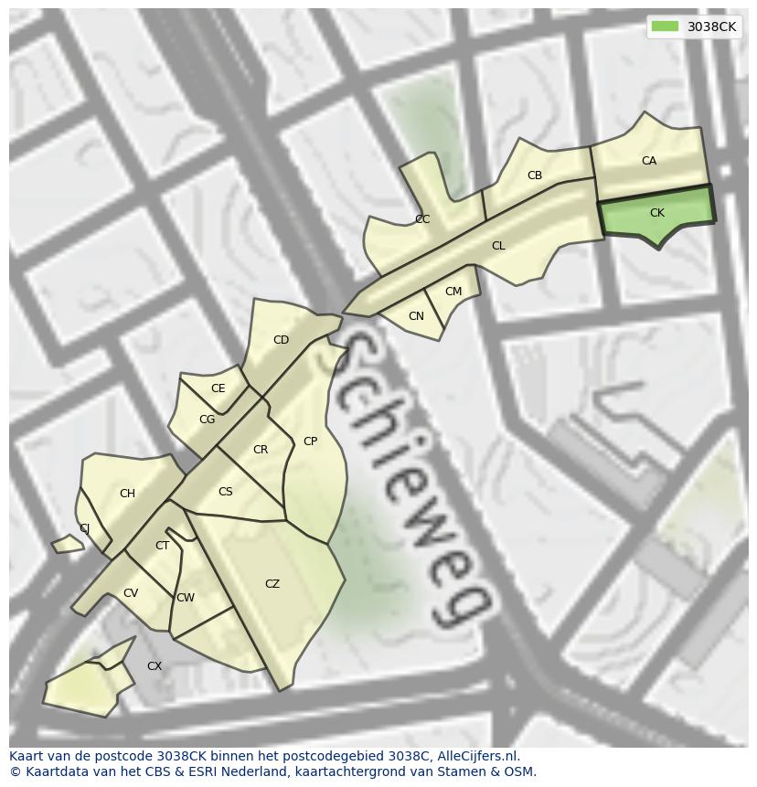 Afbeelding van het postcodegebied 3038 CK op de kaart.