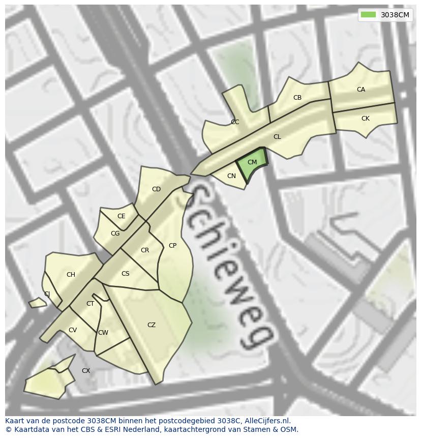 Afbeelding van het postcodegebied 3038 CM op de kaart.