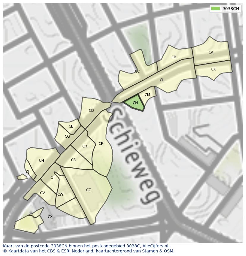 Afbeelding van het postcodegebied 3038 CN op de kaart.