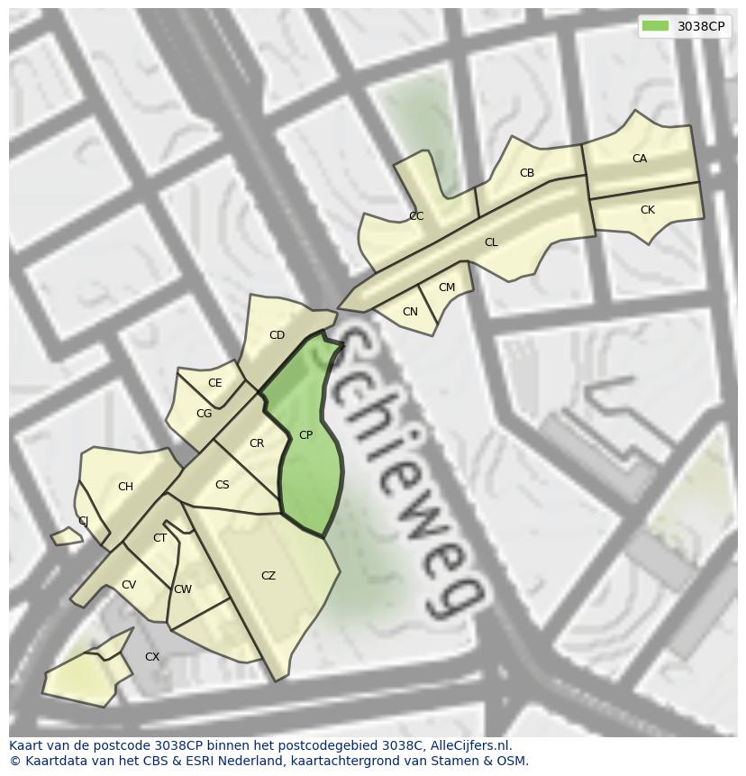 Afbeelding van het postcodegebied 3038 CP op de kaart.
