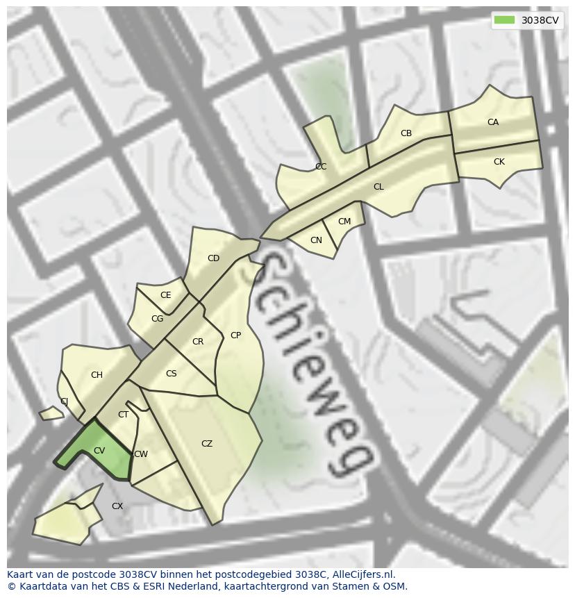 Afbeelding van het postcodegebied 3038 CV op de kaart.