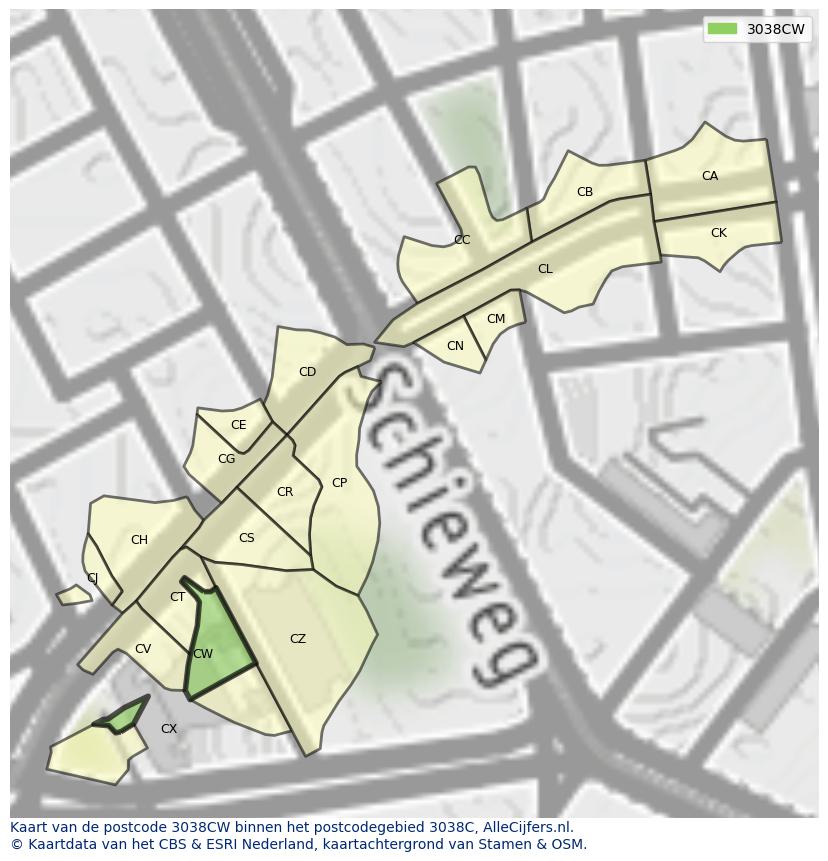 Afbeelding van het postcodegebied 3038 CW op de kaart.