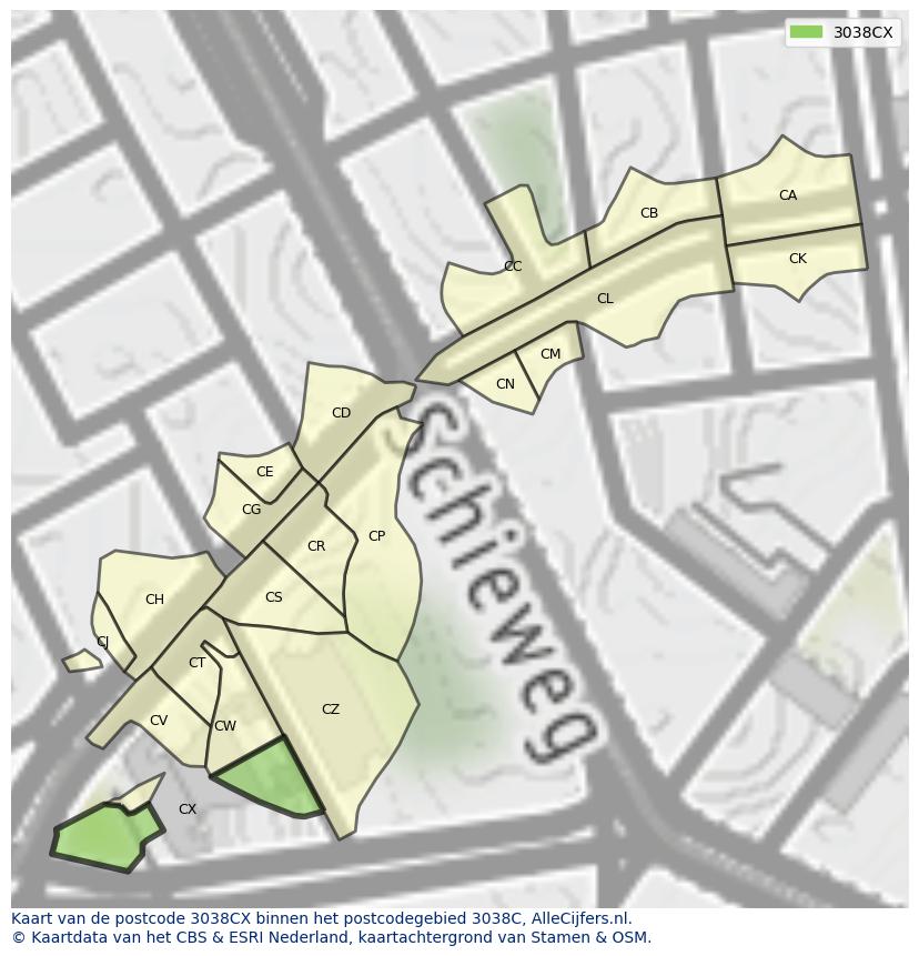Afbeelding van het postcodegebied 3038 CX op de kaart.