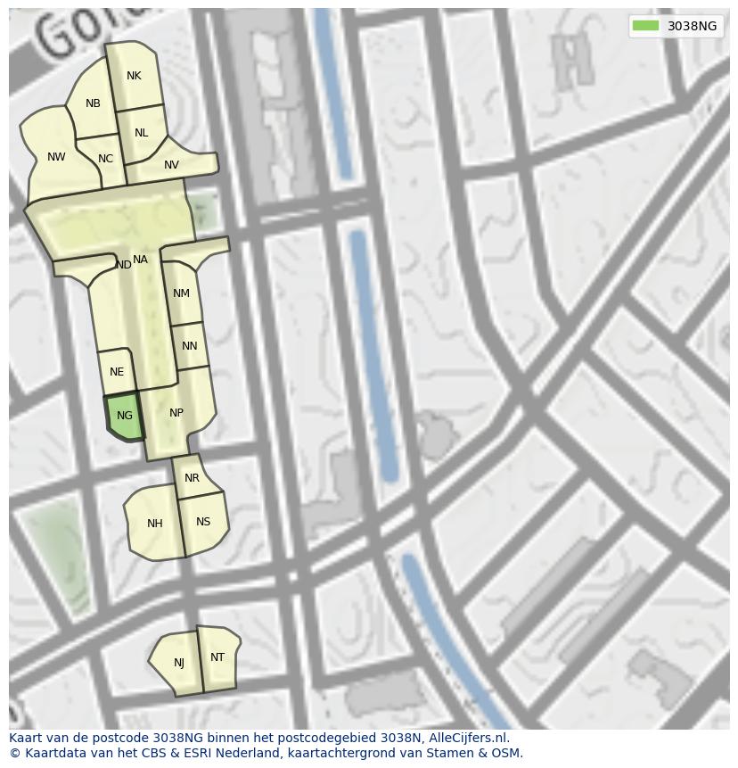 Afbeelding van het postcodegebied 3038 NG op de kaart.