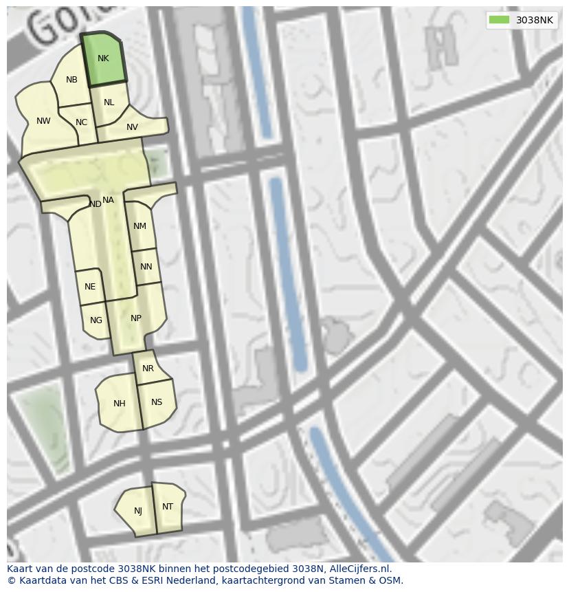 Afbeelding van het postcodegebied 3038 NK op de kaart.