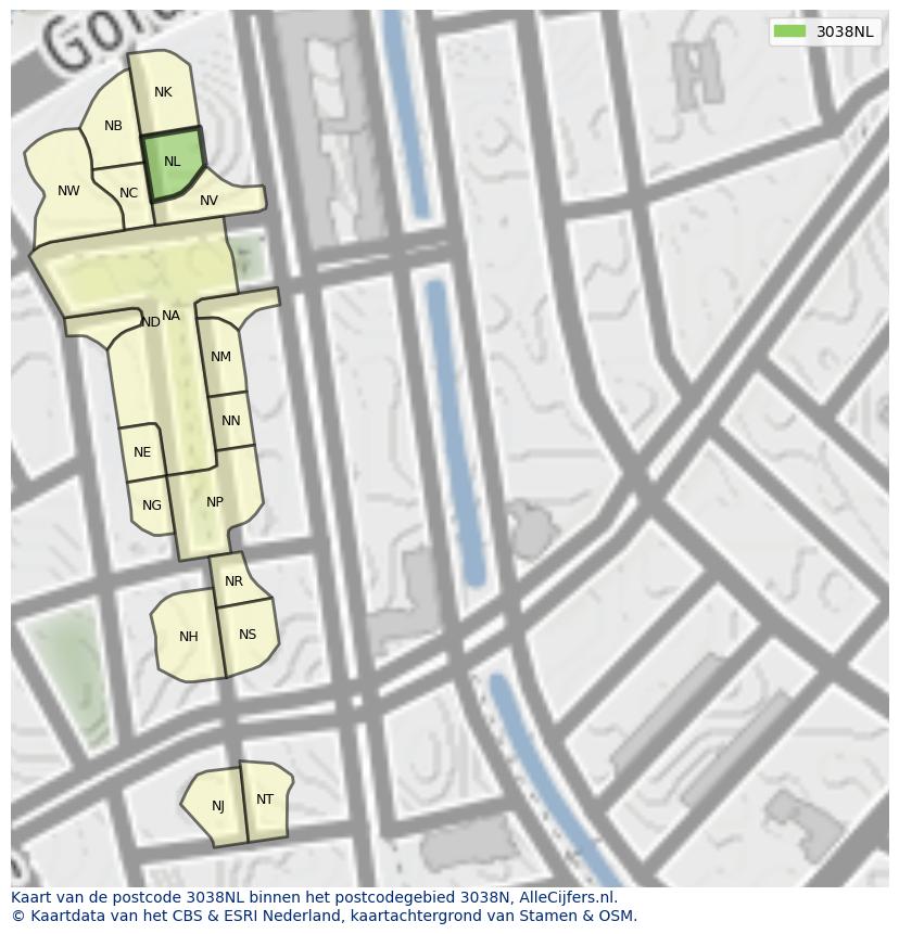 Afbeelding van het postcodegebied 3038 NL op de kaart.